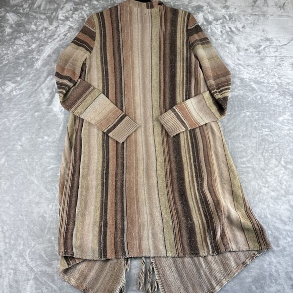 Natural Reflections Stripe Open Front Cardigan Women L Browns Fringe Boho (0786) - Picture 7 of 10